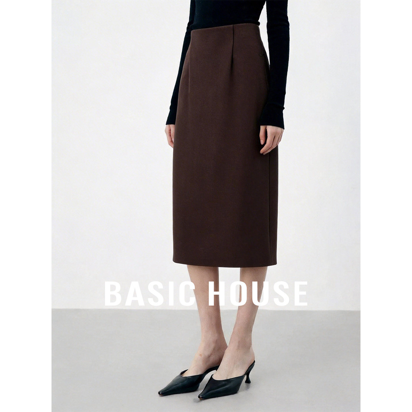 Basic House/百家好秋季新款高级感直筒半身裙纯色高腰中长款裙子