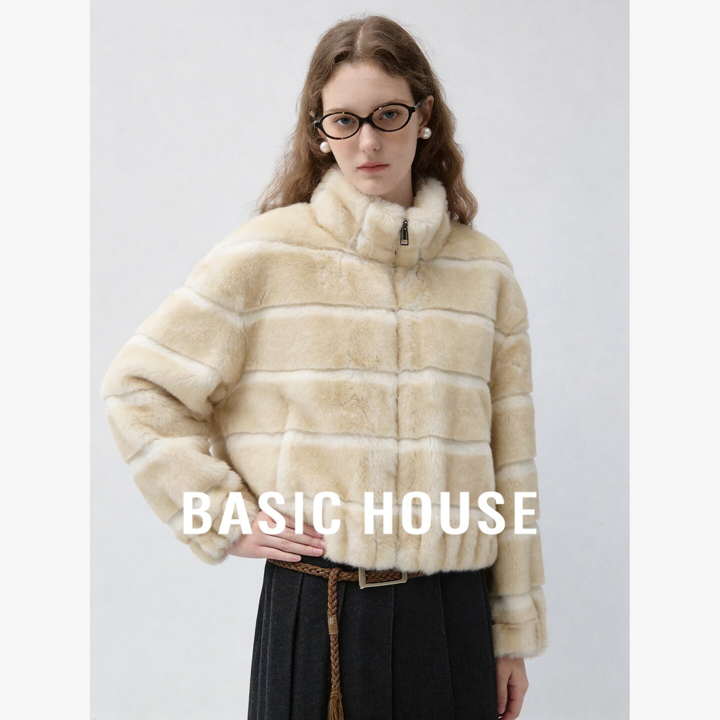 Basic House/百家好轻奢仿皮草毛毛外套女立领宽松保暖毛绒绒上衣