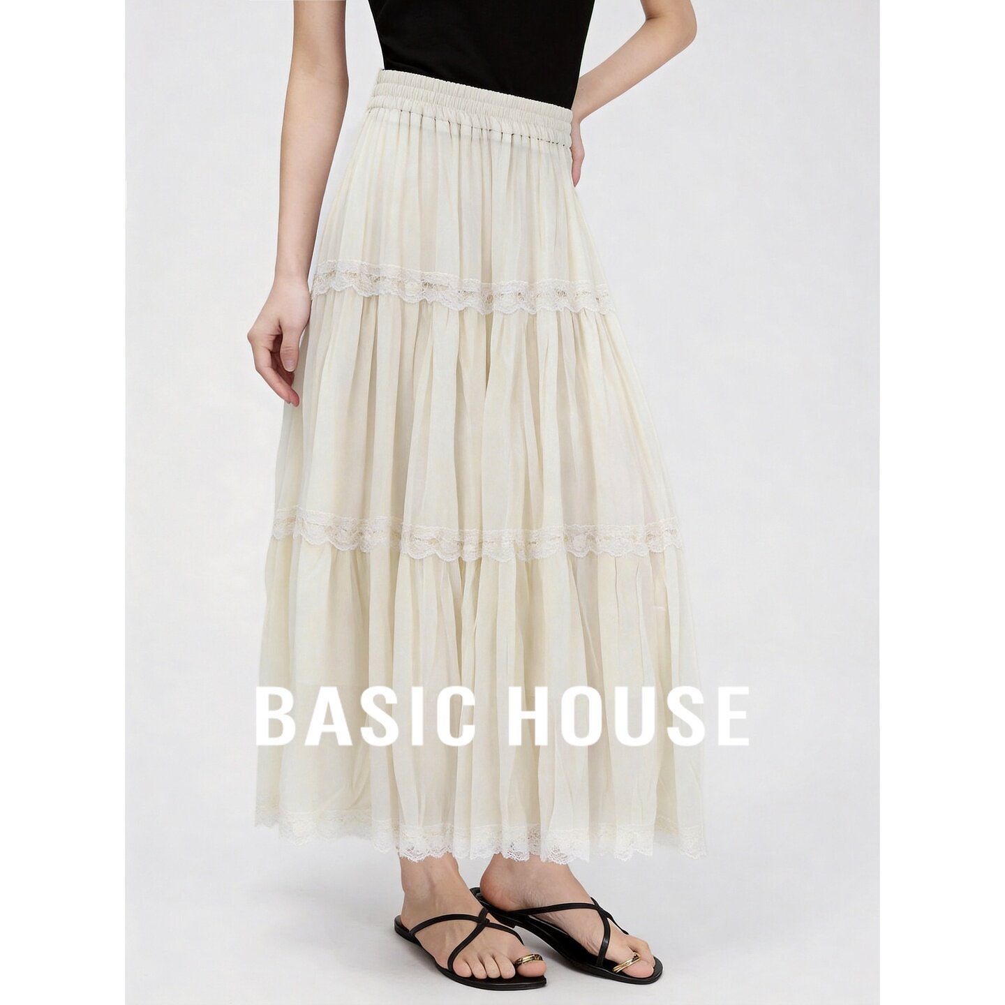 Basic House/百家好法式蕾丝A字纱裙女夏季米色松紧腰中长半身裙