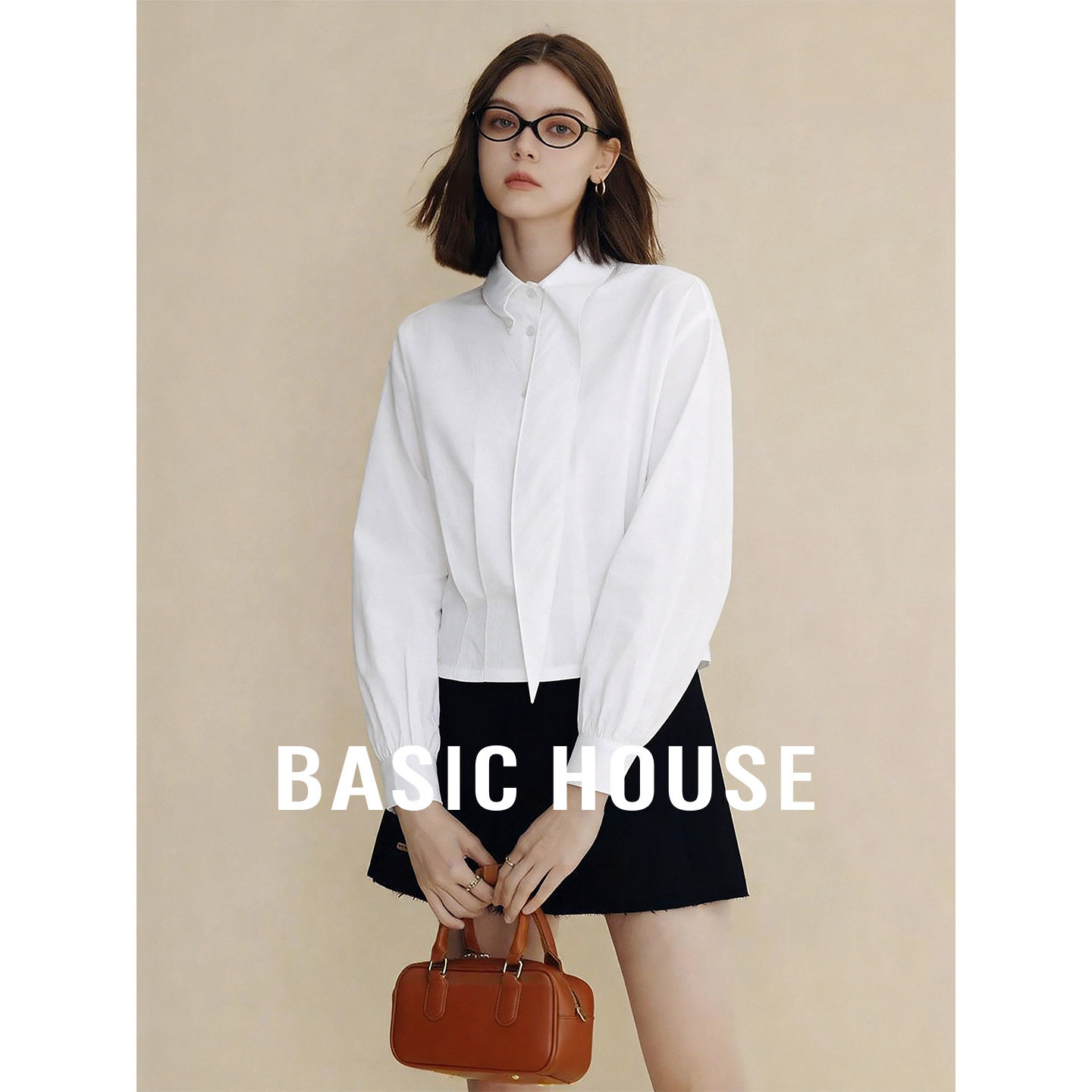 Basic House/百家好白色翻领短款长袖衬衫女秋季设计感超好看上衣