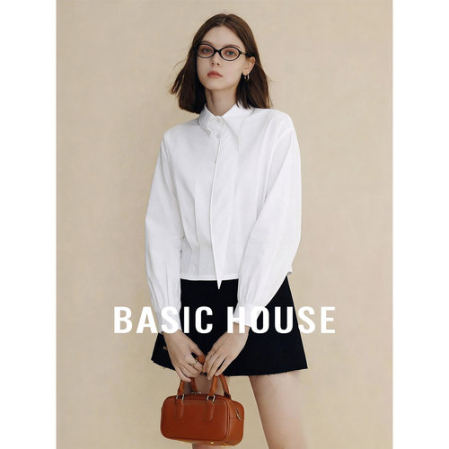 Basic House/百家好白色翻领短款长袖衬衫女秋季设计感超好看上衣