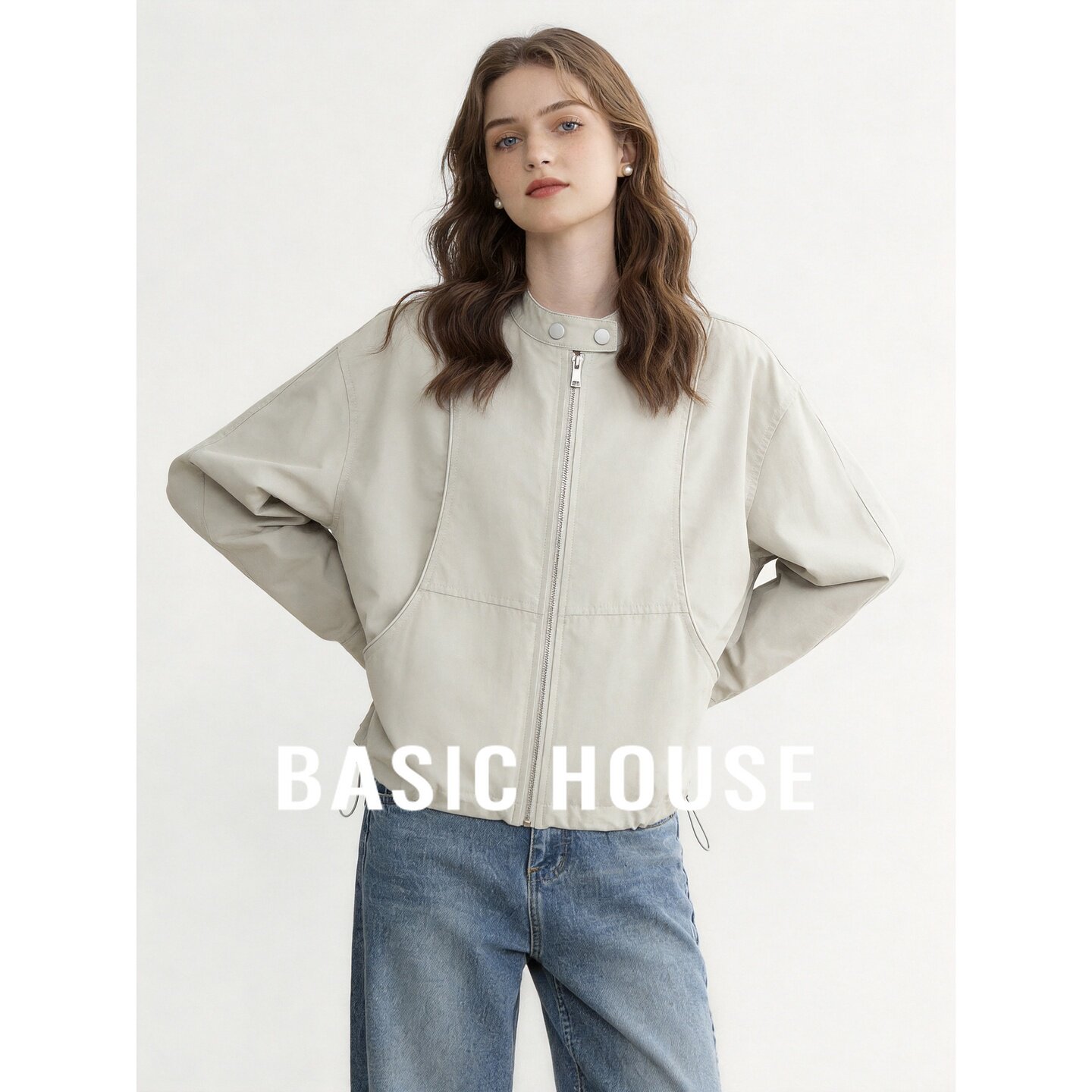 Basic House/百家好简约立领拉链短外套女宽松抽绳百搭松弛风夹克