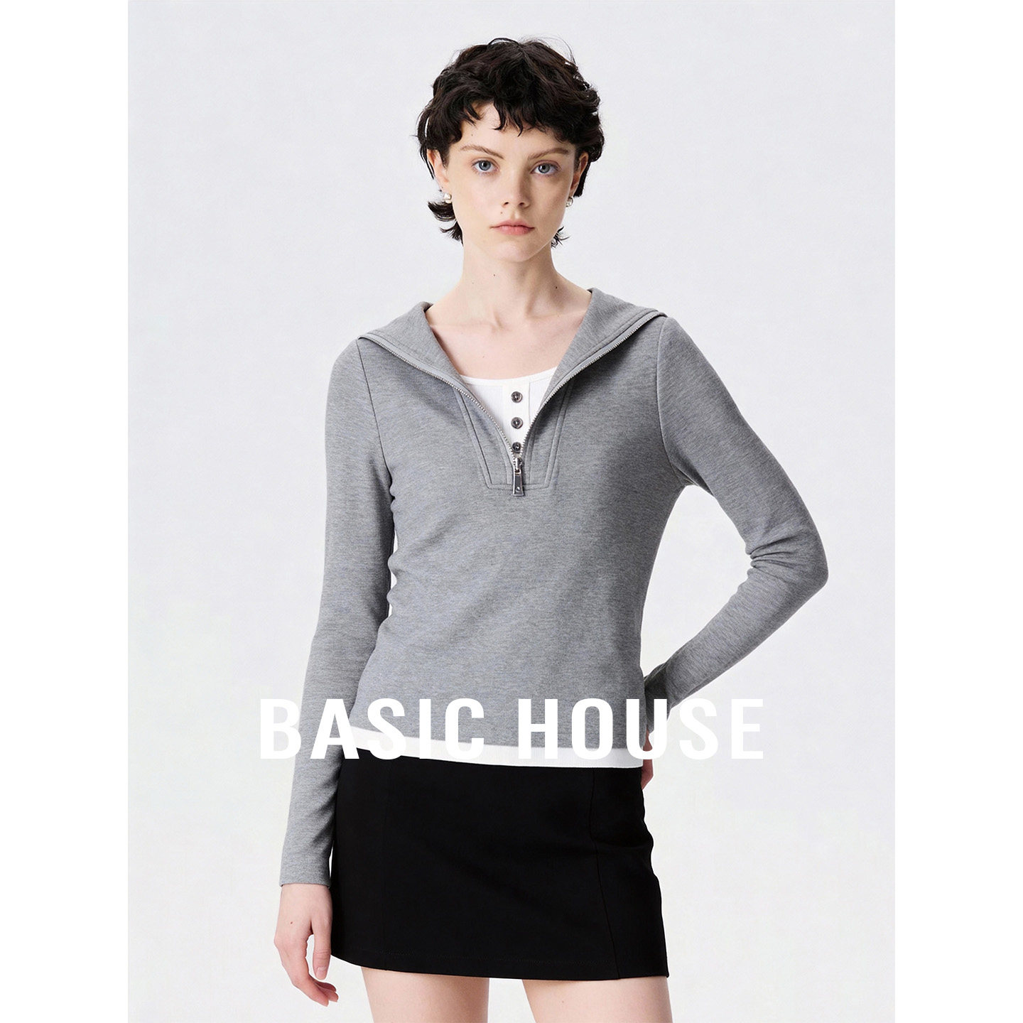 Basic House/百家好灰色撞色假两件长袖卫衣女秋半拉链百搭打底衫