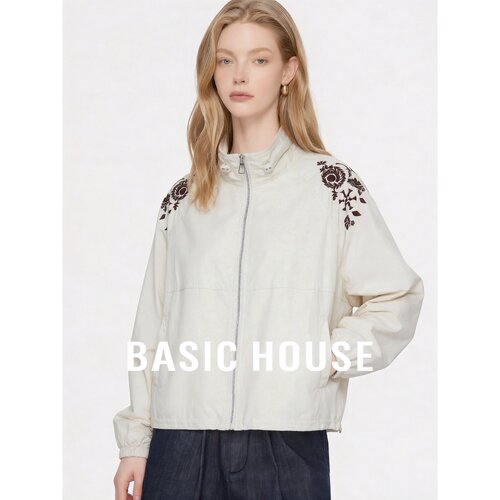Basic House/百家好立领长袖民族刺绣抽绳短外套宽松休闲夹克外套