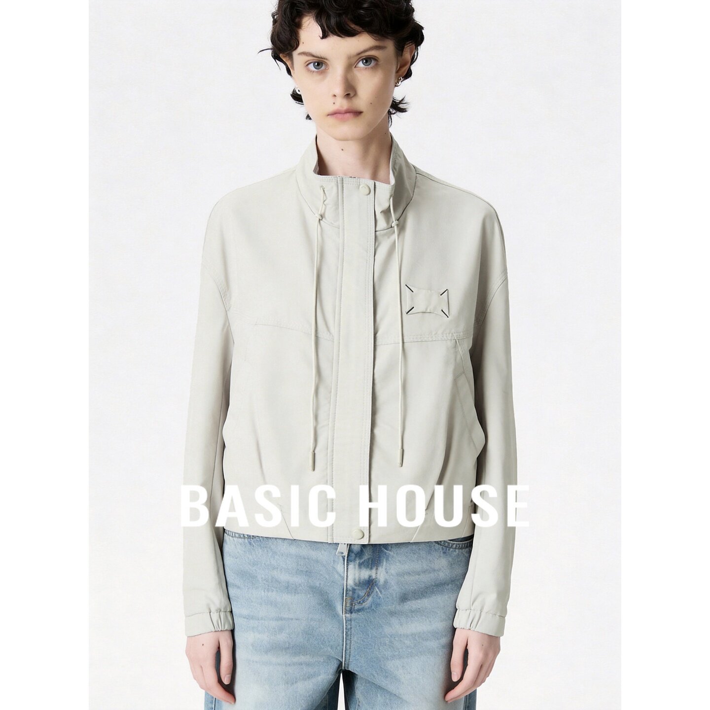 Basic House/百家好米色立领系带宽松极简工装风休闲百搭短外套女