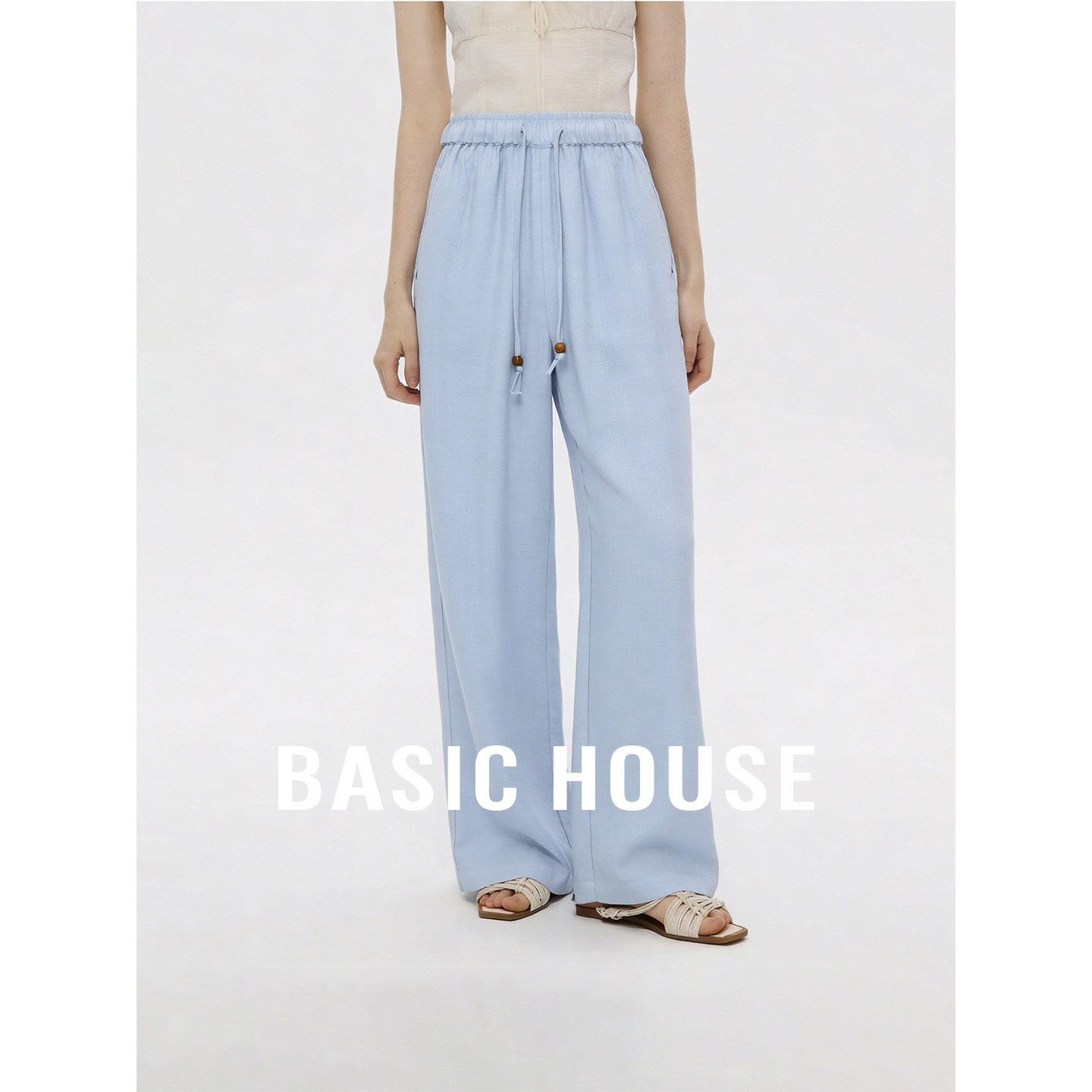 Basic House/百家好高腰纯色阔腿休闲裤女夏季新款莱赛尔抽绳长裤