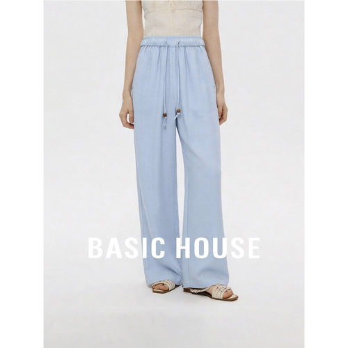 Basic House/百家好高腰纯色阔腿休闲裤女夏季新款莱赛尔抽绳长裤