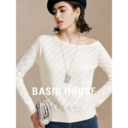 Basic House/百家好慵懒风斜肩软糯针织衫女白色显瘦百搭优雅上衣