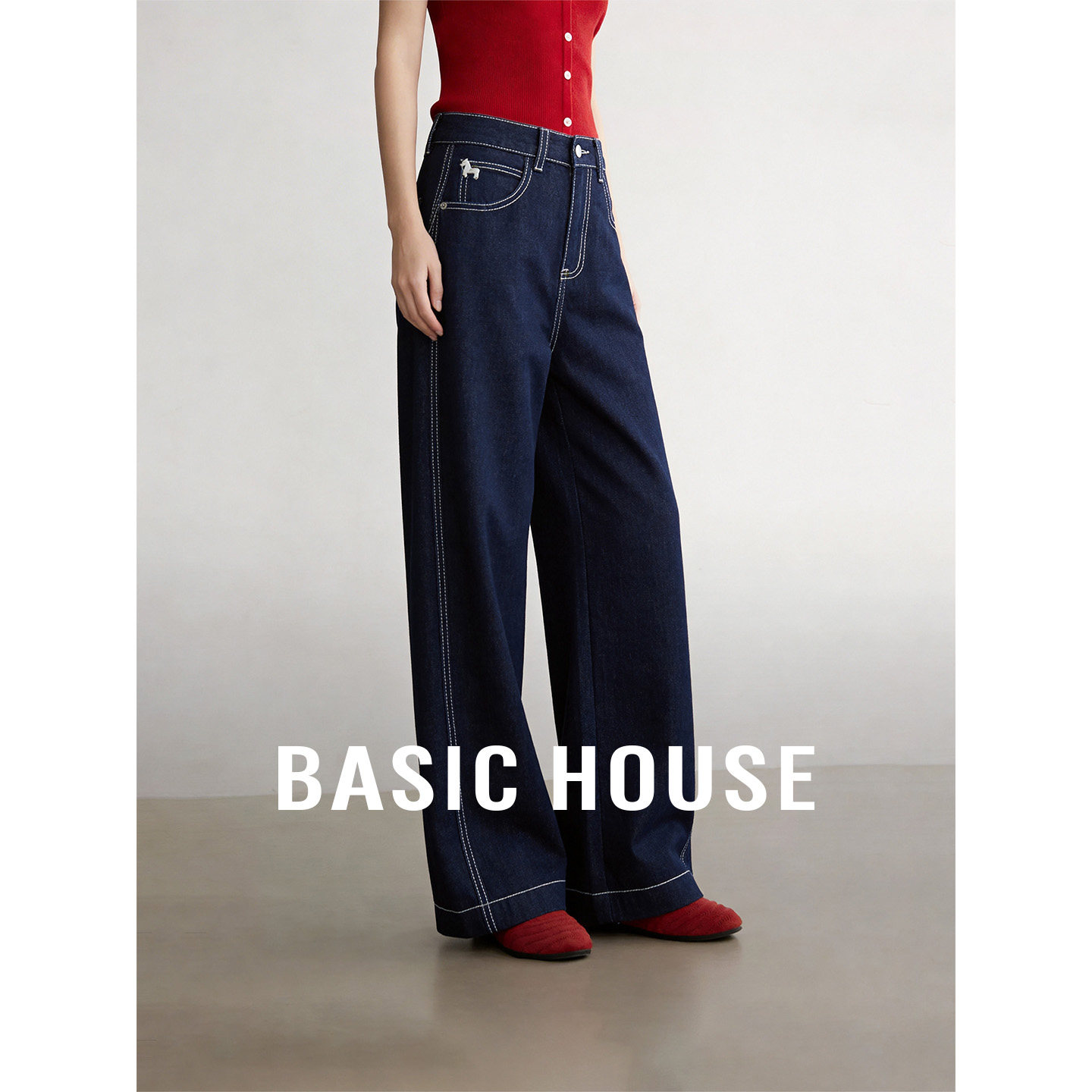 Basic House/百家好蓝色高腰复古直筒阔腿裤女秋季新款百搭牛仔裤