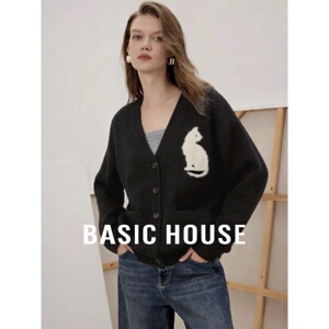 Basic House/百家好2026秋季黑色V领小熊绣花口袋宽松女针织开衫