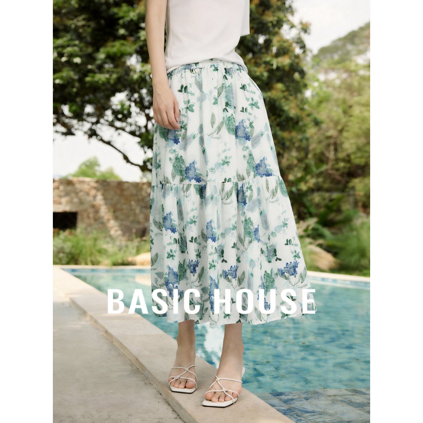 Basic House/百家好森系绿色印花半身裙女夏季松紧腰A字大摆长裙