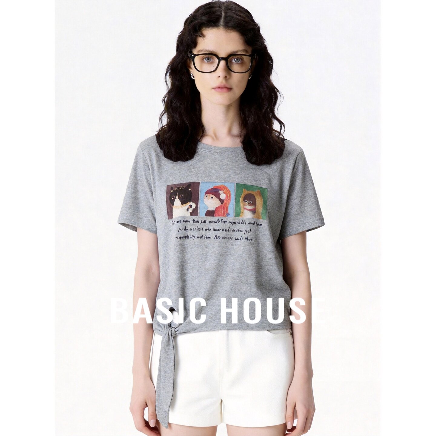 Basic House/百家好休闲风印花短袖T恤女设计感绑带百搭灰色上衣