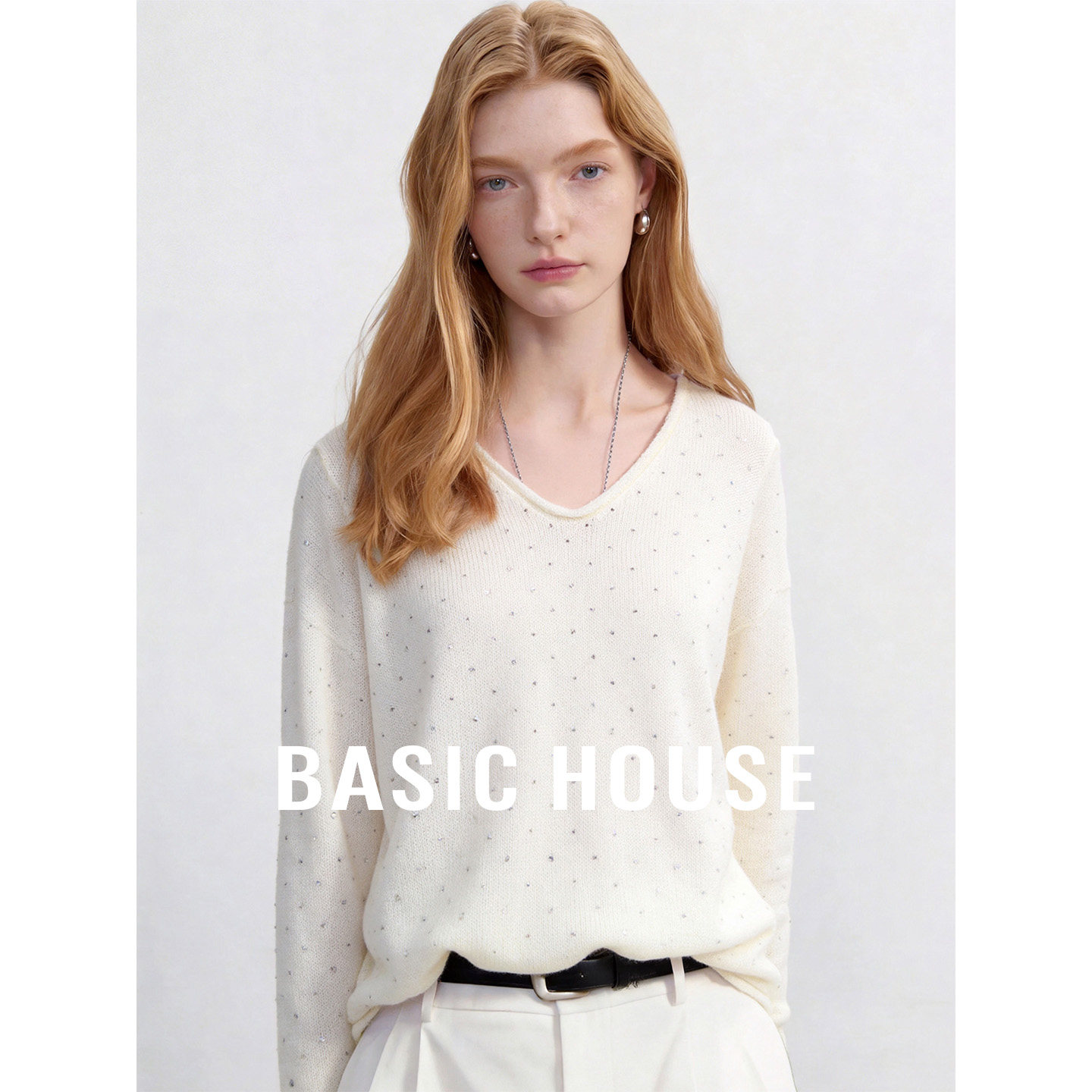 Basic House/百家好莱赛尔V领亮钻针织衫夏季新款女长袖休闲内搭