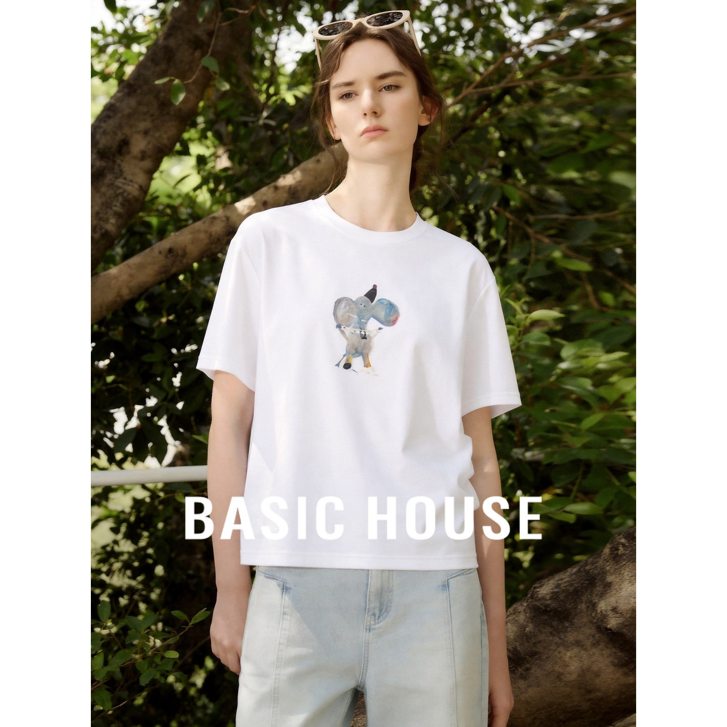 Basic House/百家好大象印花短袖夏季薄款休闲风宽松显瘦白色T恤