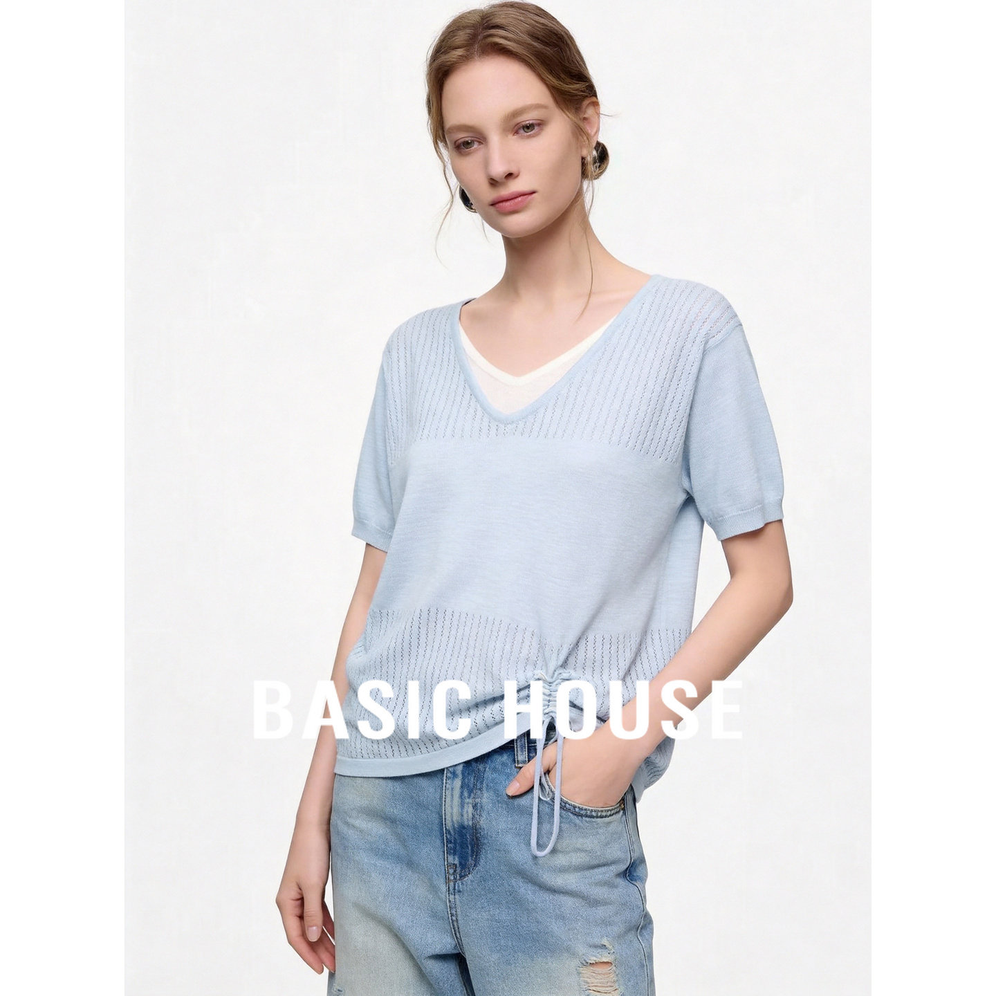 Basic House/百家好简约浅蓝色V领短袖针织衫女系带收腰百搭上衣