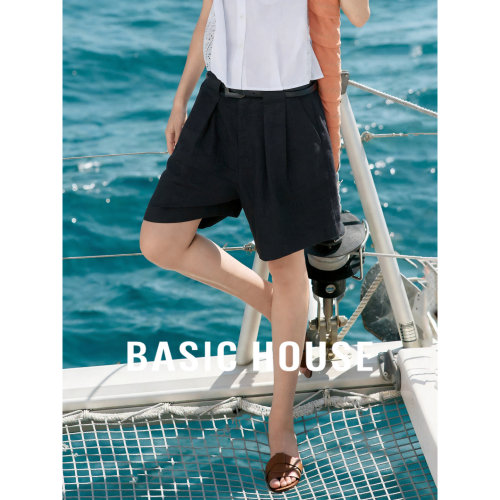 Basic House/百家好莱赛尔黑色高腰宽松短裤女夏季舒适显瘦休闲裤
