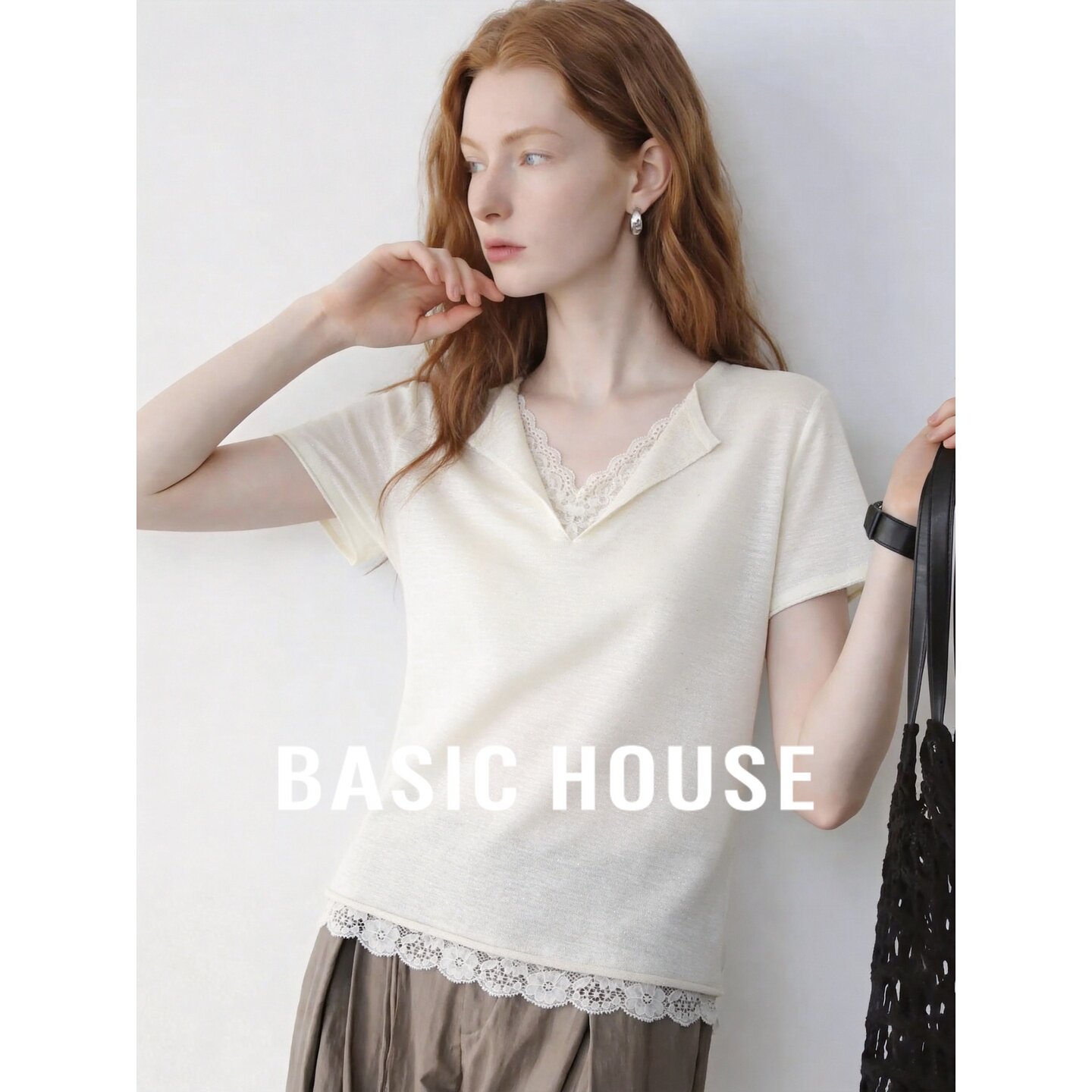 Basic House/百家好法式温柔风V领蕾丝拼接短袖气质高级感针织衫