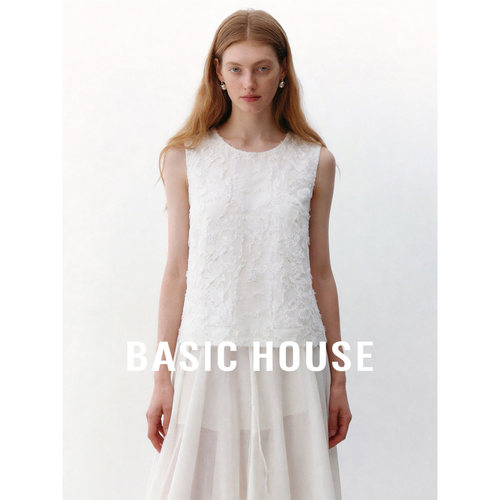 Basic House/百家好复古圆领无袖衬衫女2026新款气质白色短款马甲