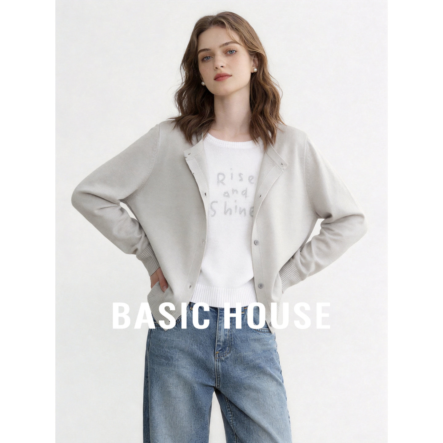 Basic House/百家好灰色莱赛尔针织开衫女2026夏薄款日常通勤上衣