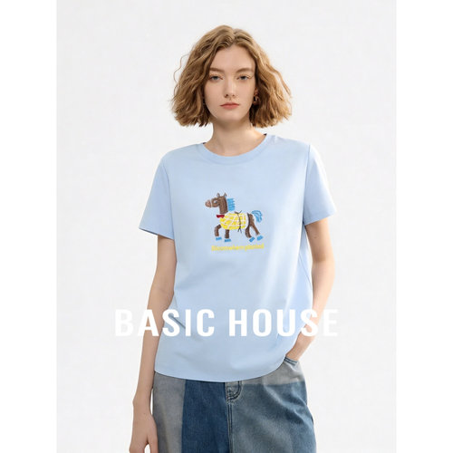 Basic House/百家好卡通小马印花短袖T恤女夏季减龄百搭显瘦上衣