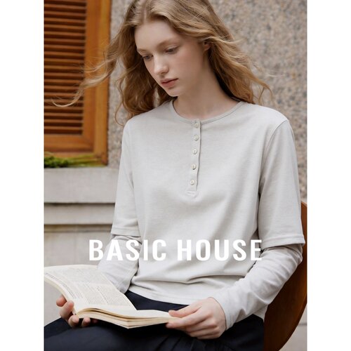Basic House/百家好极简风假两件圆领长袖T恤女米色简约百搭上衣