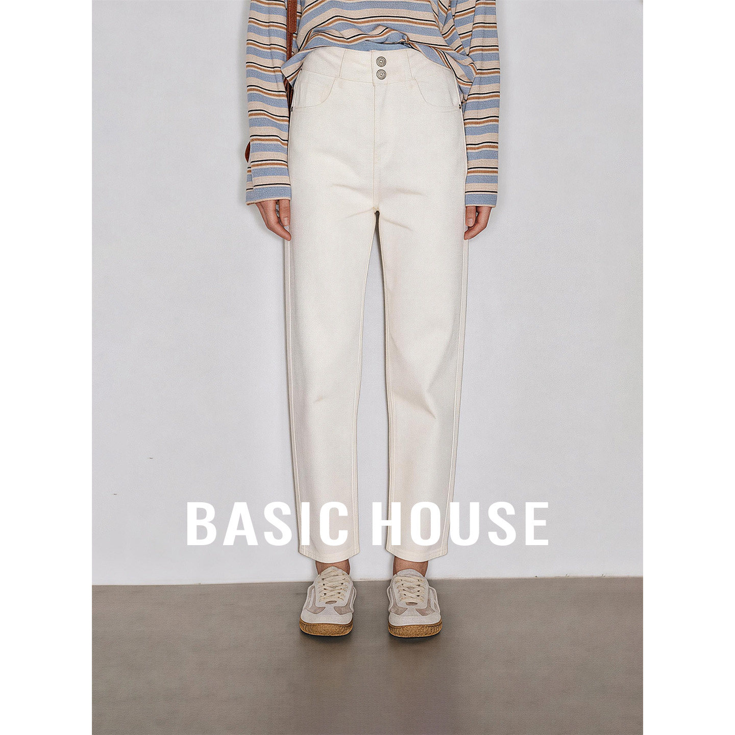 Basic House/百家好白色高腰哈伦牛仔裤秋季新款显瘦休闲女老爹裤