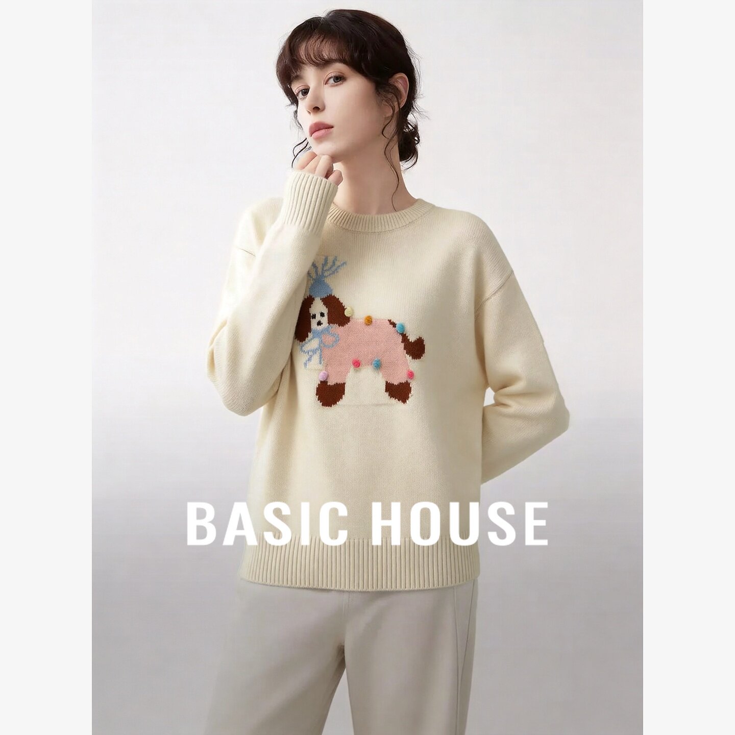 Basic House/百家好可爱风小狗提花圆领套头毛衣宽松收腰针织上衣