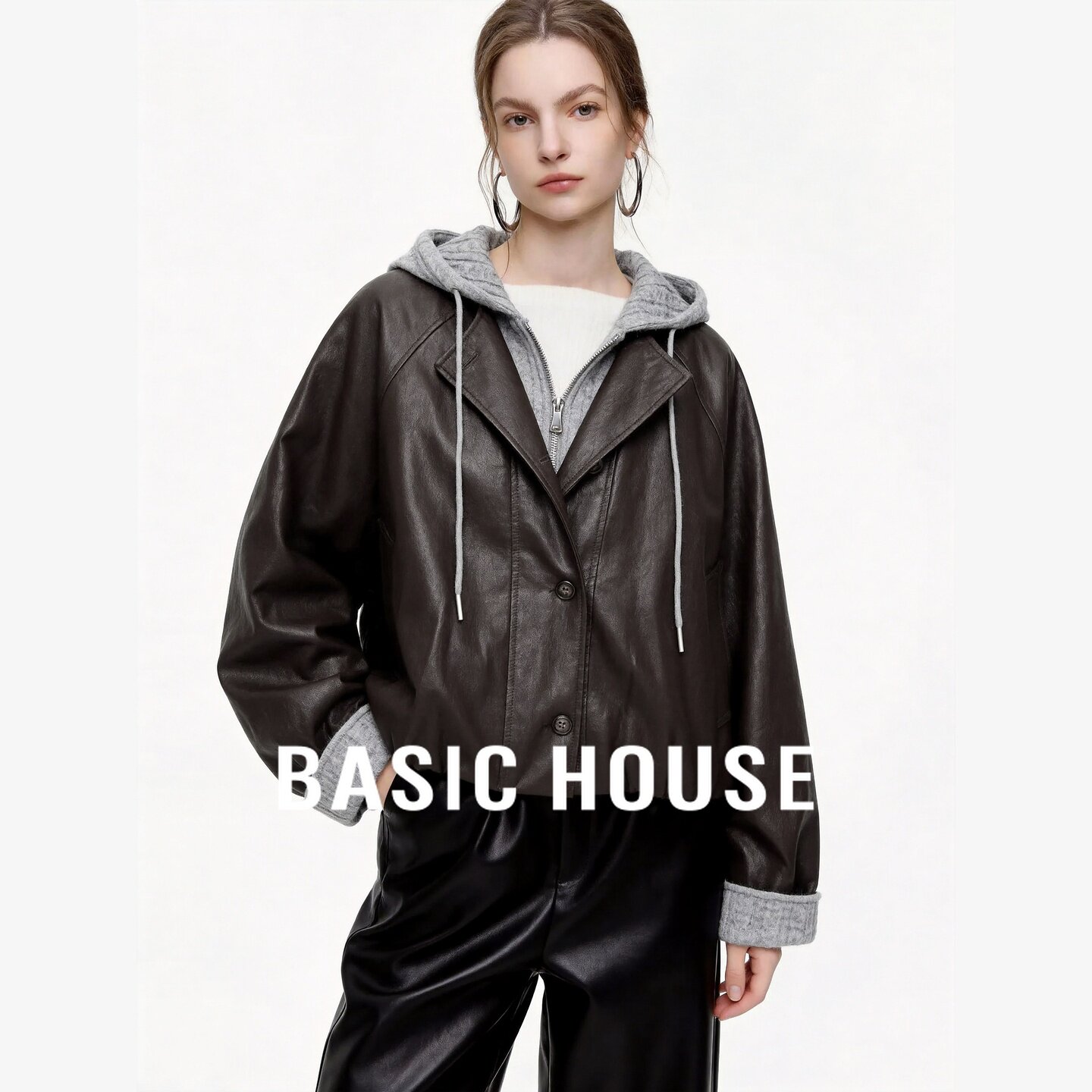 Basic House/百家好假两件连帽皮衣短外套女宽松拉链百搭夹克上衣