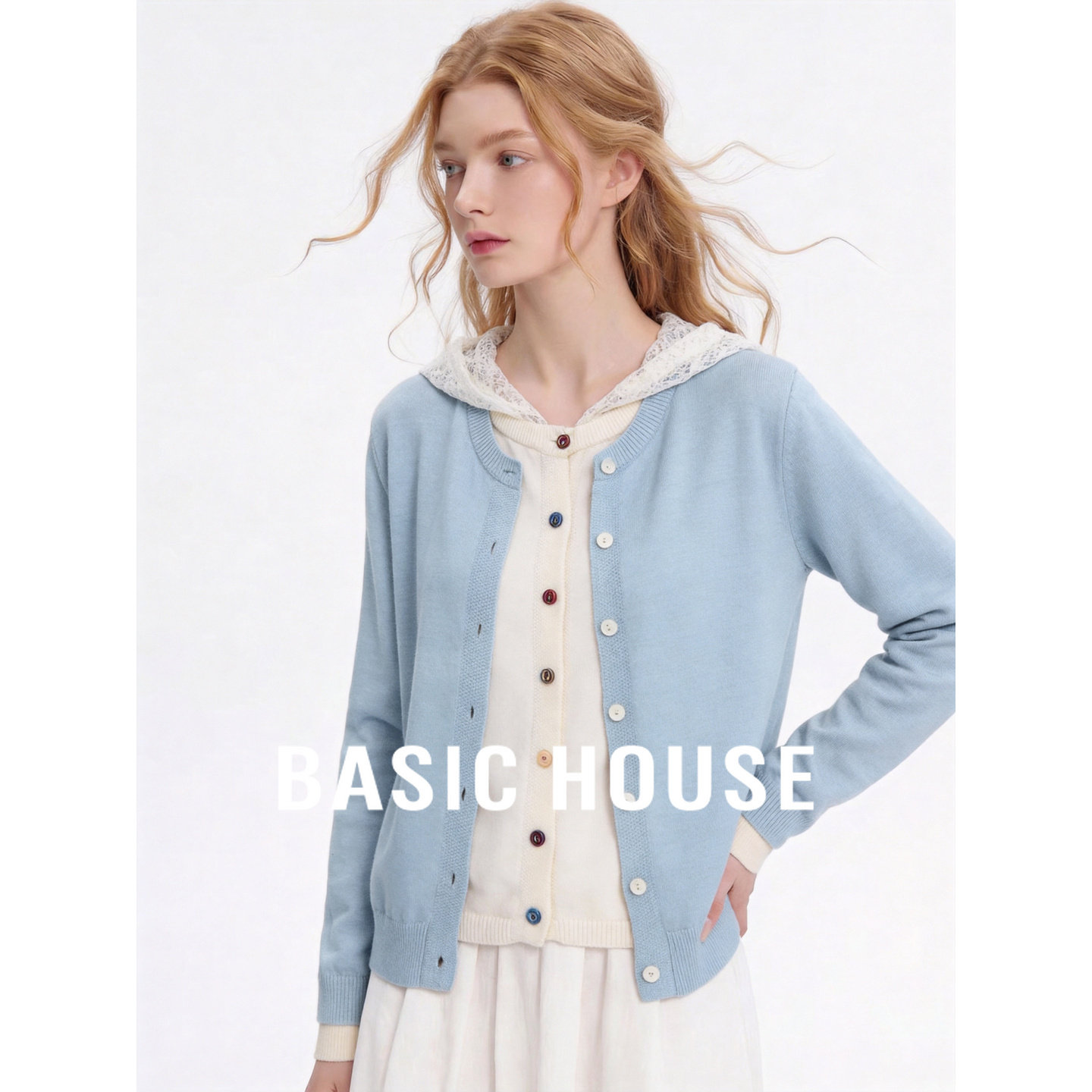 Basic House/百家好早秋圆领针织开衫女假两件拼接设计感百搭外套