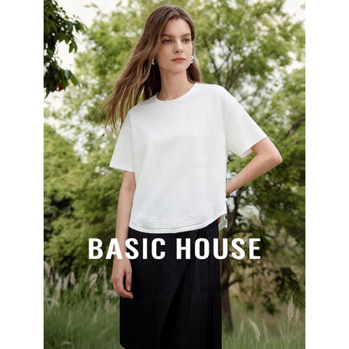 Basic House/百家好白色简约风压褶下摆圆领短袖T恤女夏宽松上衣