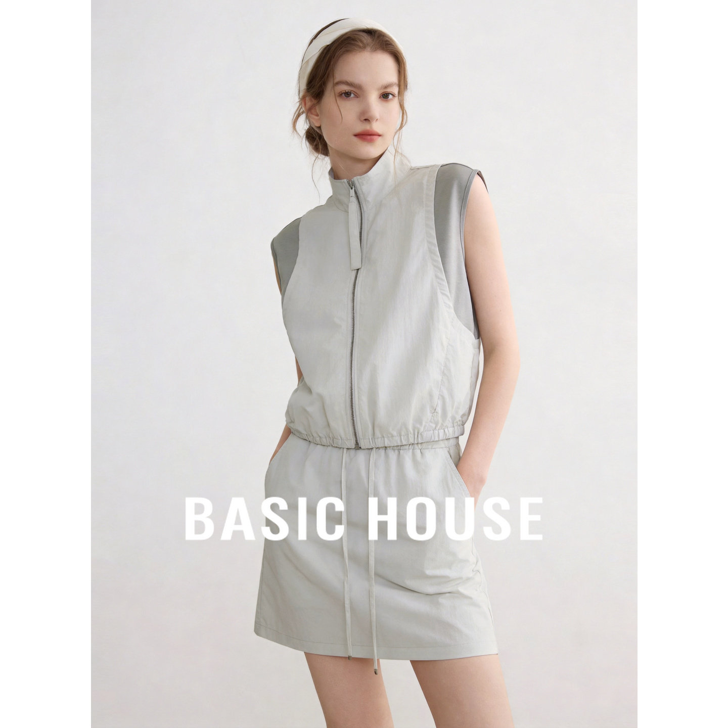 Basic House/百家好工装休闲风无袖马甲套装女夏季收腰半裙短裙