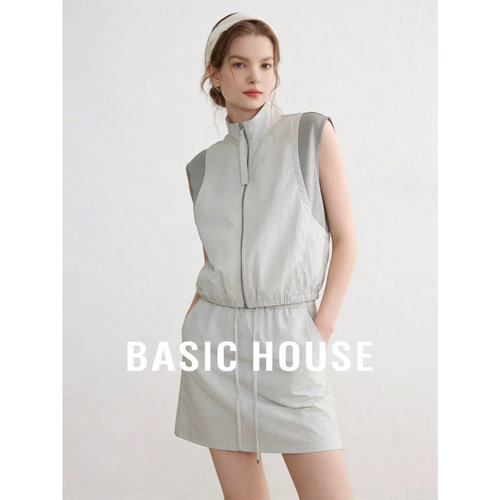 Basic House/百家好工装休闲风无袖马甲套装女夏季收腰半裙短裙