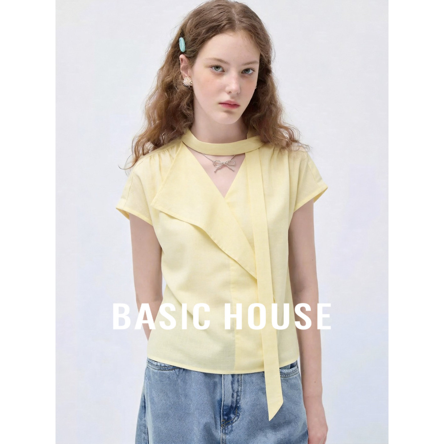 Basic House/百家好莱赛尔亚麻V领飘带短袖衬衫女夏减龄天丝上衣