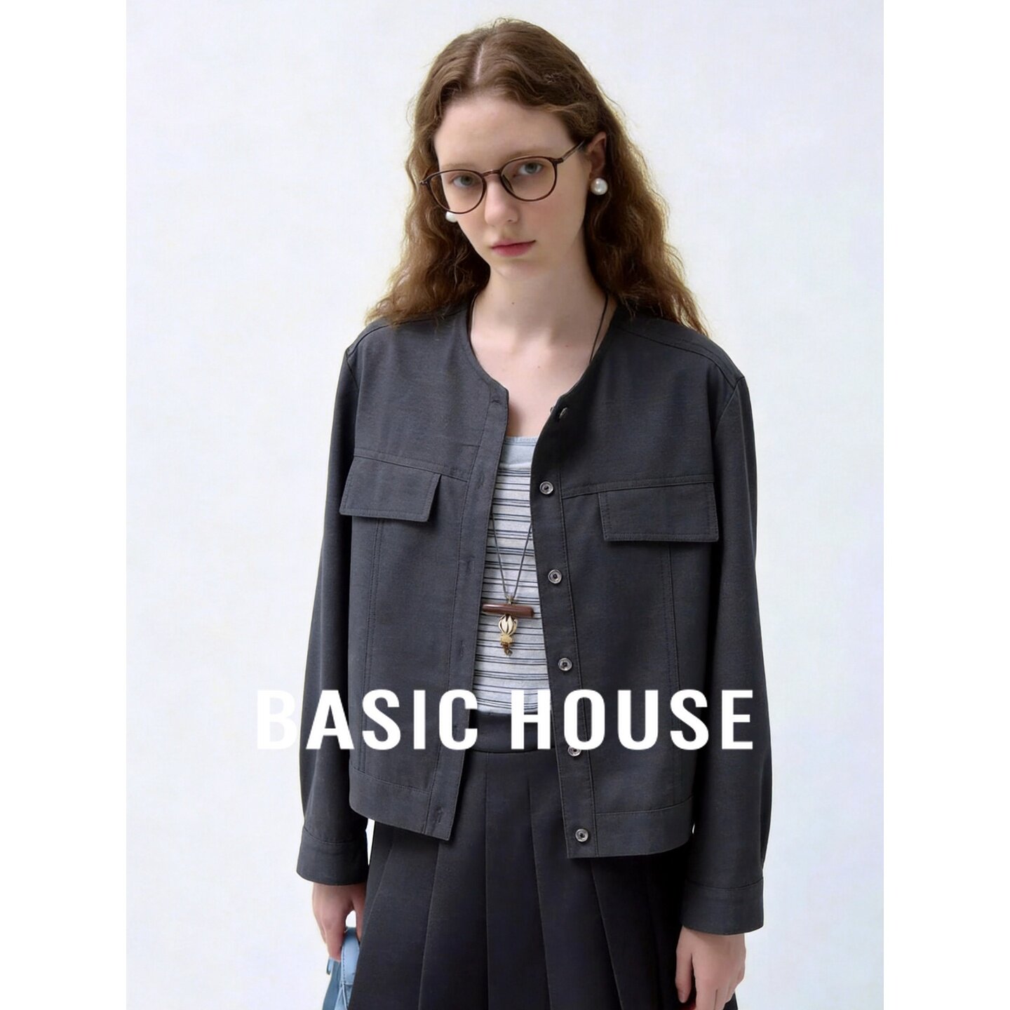 Basic House/百家好时尚套装条纹吊带工装风短外套两件套女百搭