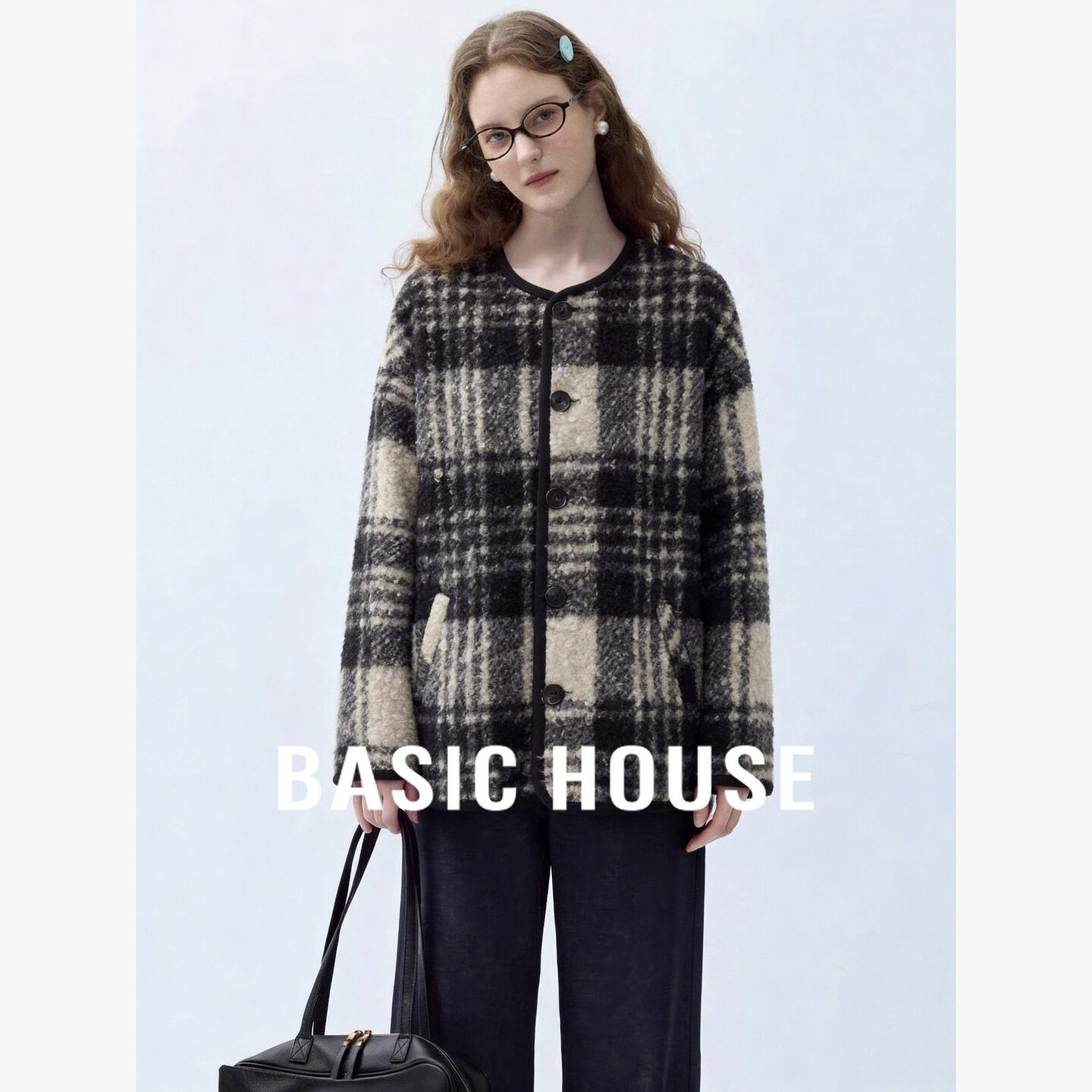 Basic House/百家好复古格纹摇粒绒毛毛外套女慵懒单排扣毛呢外套