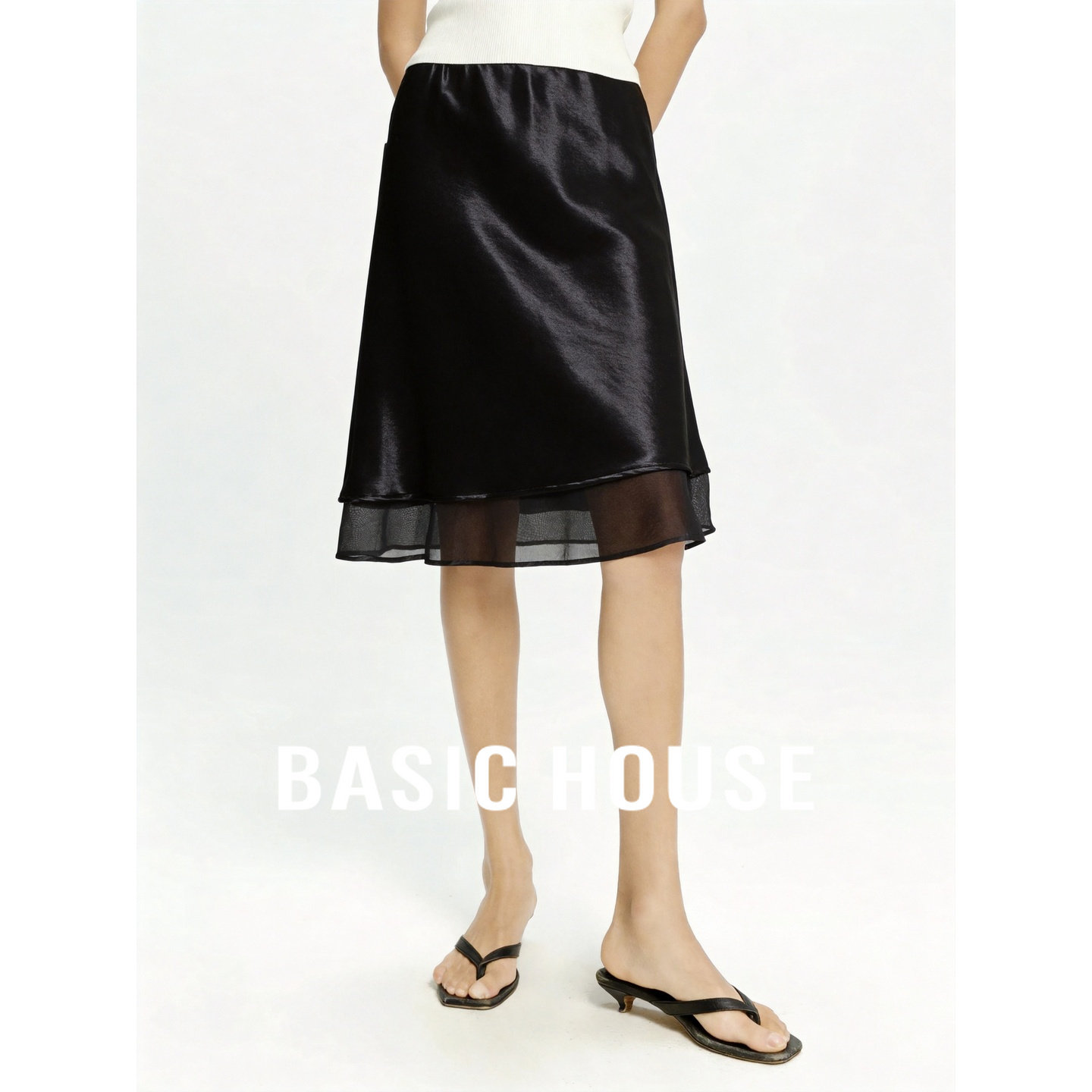 Basic House/百家好简约风A字半身裙女夏高腰网纱拼接显瘦中长裙