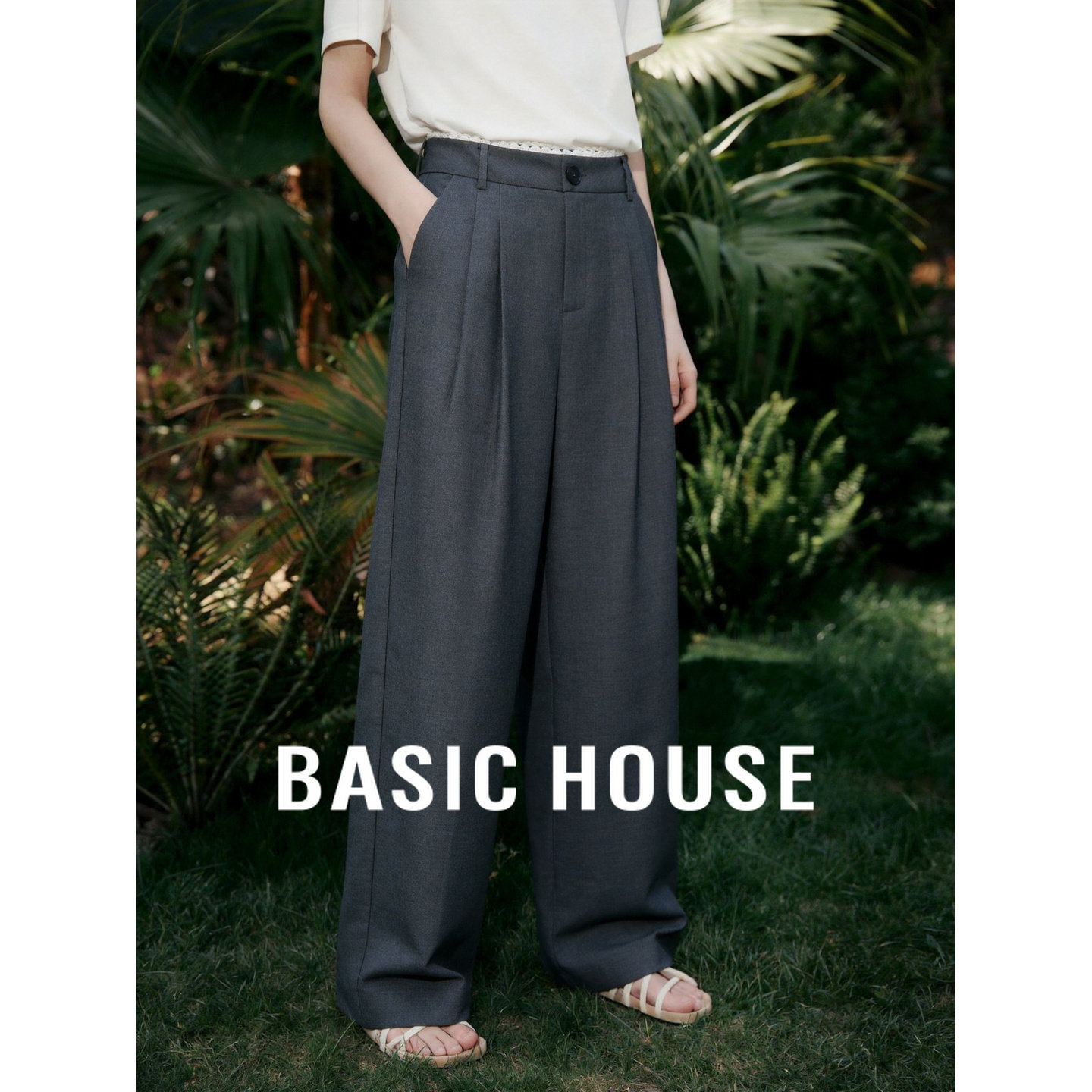Basic House/百家好灰色垂感压褶阔腿西装裤女蕾丝小花边百搭长裤