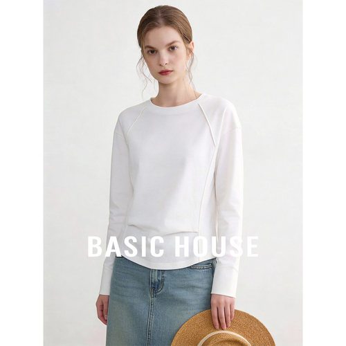 Basic House/百家好白色圆领斜缝设计T恤女春季宽松百搭基础上衣