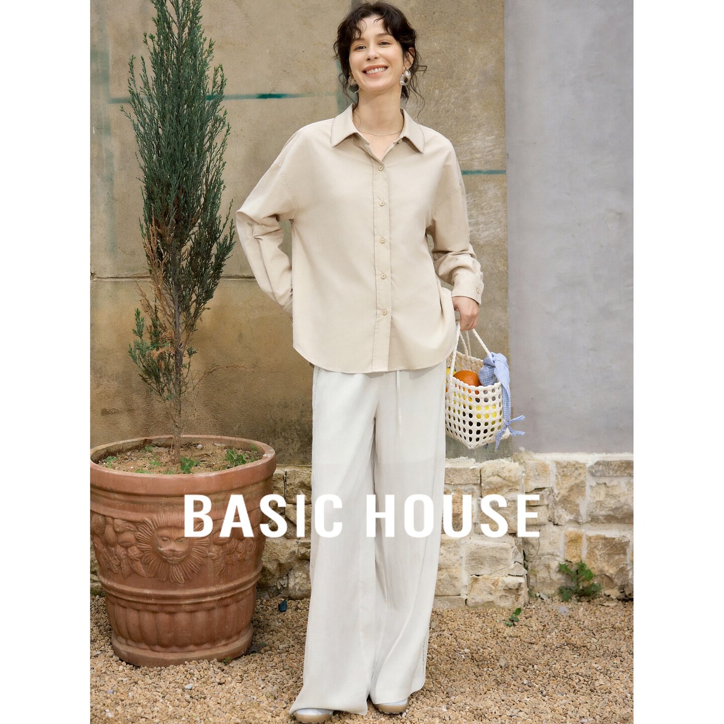 Basic House/百家好翻领长袖衬衫阔腿裤套装极简韩版米白色女秋季