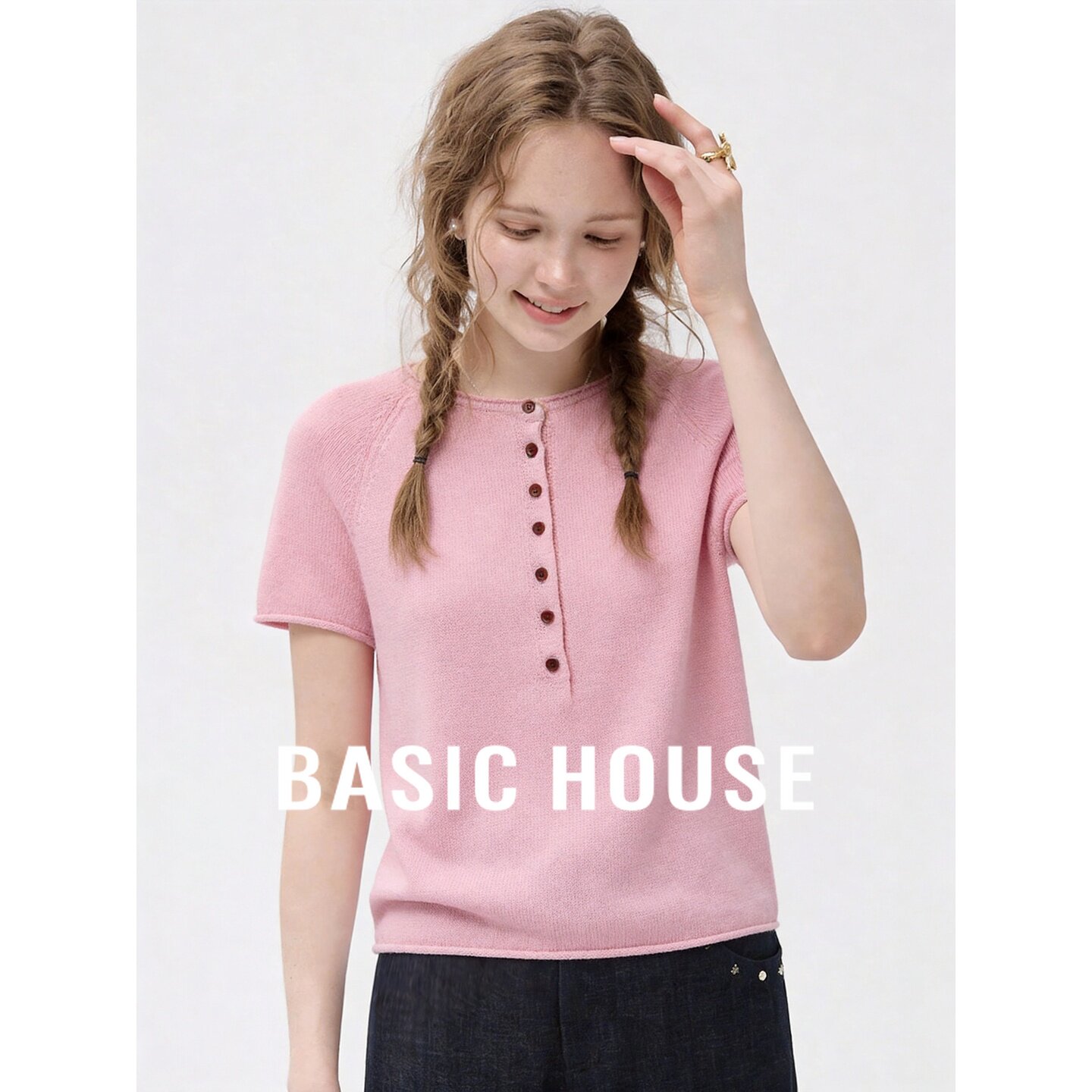 Basic House/百家好浅粉色莱赛尔透气半开领短袖针织衫百搭上衣女