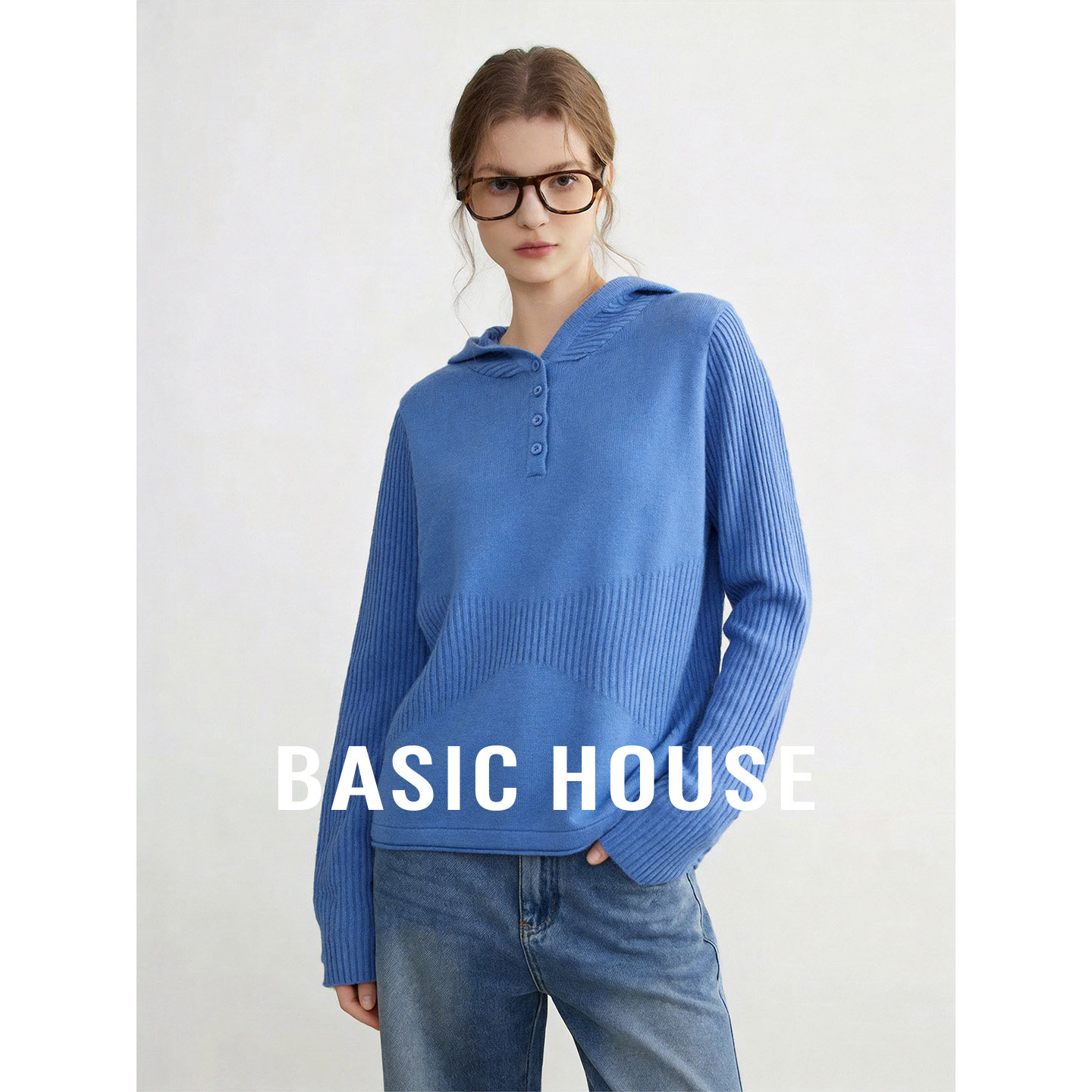 Basic House/百家好韩式蓝色连帽长袖针织衫女宽松百搭半开扣上衣