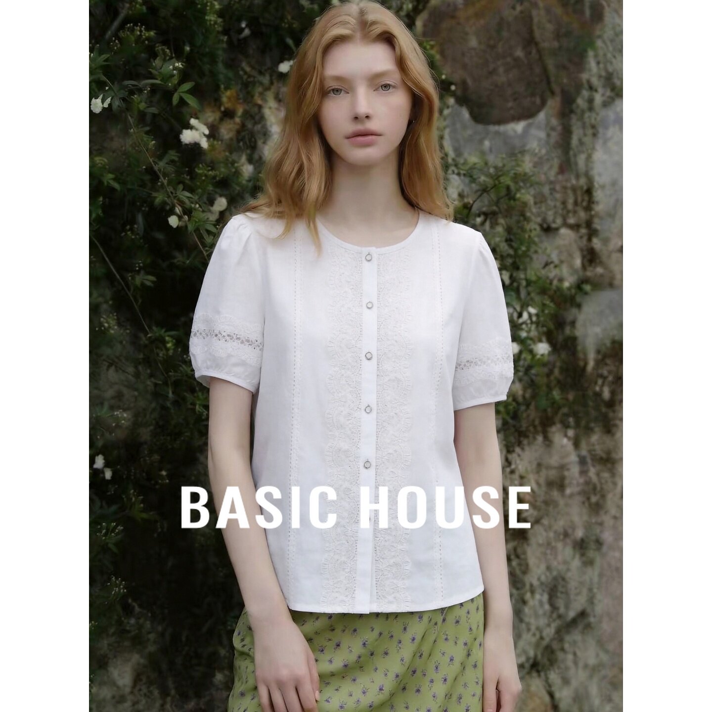 Basic House/百家好法式白色蕾丝衬衫女泡泡袖镂空花边设计感上衣