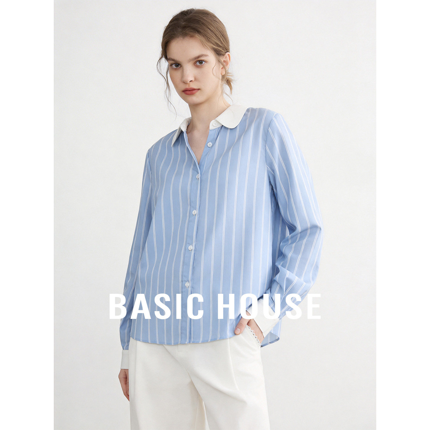 Basic House/百家好polo领撞色设计感衬衫女夏季条纹舒适百搭衬衣