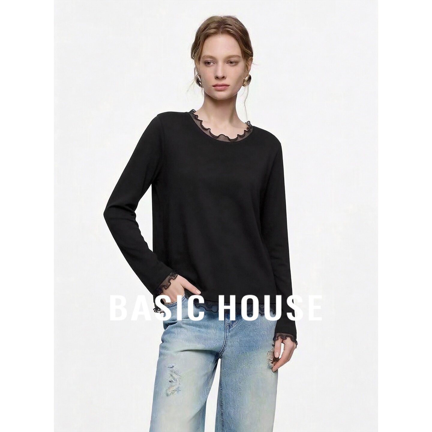 Basic House/百家好黑色拼接长袖T恤女圆领蕾丝木耳边百搭上衣秋
