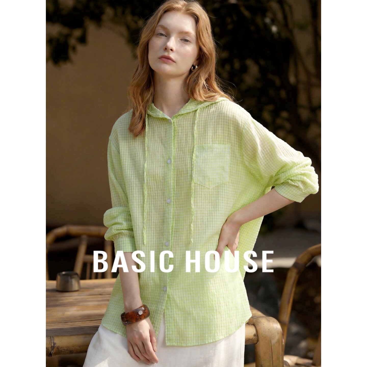 Basic House/百家好白色简约连帽衬衫女2026夏季长袖薄款衬衣外套