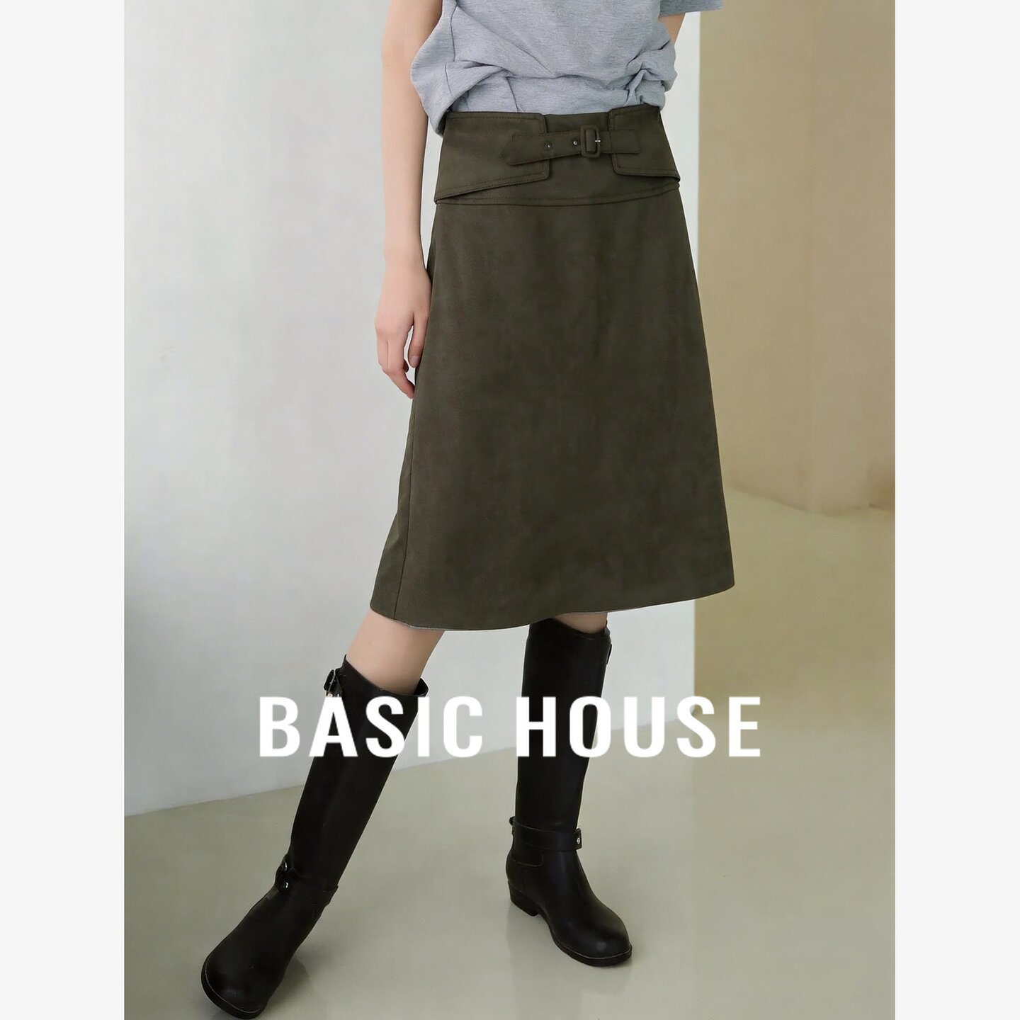 Basic House/百家好工装风设计感腰带装饰半身裙女中长款显瘦裙子