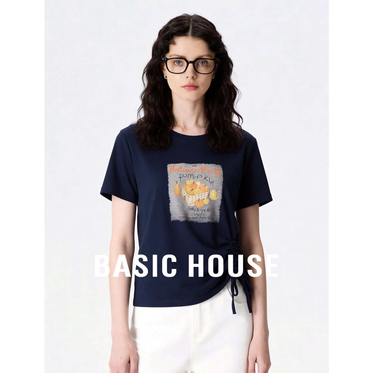 Basic House/百家好圆领水果印花抽褶小众设计感短袖T恤女夏体恤