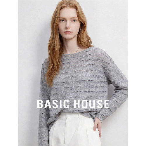 Basic House/百家好灰色慵懒镂空针织衫长袖轻薄罩衫女夏季上衣