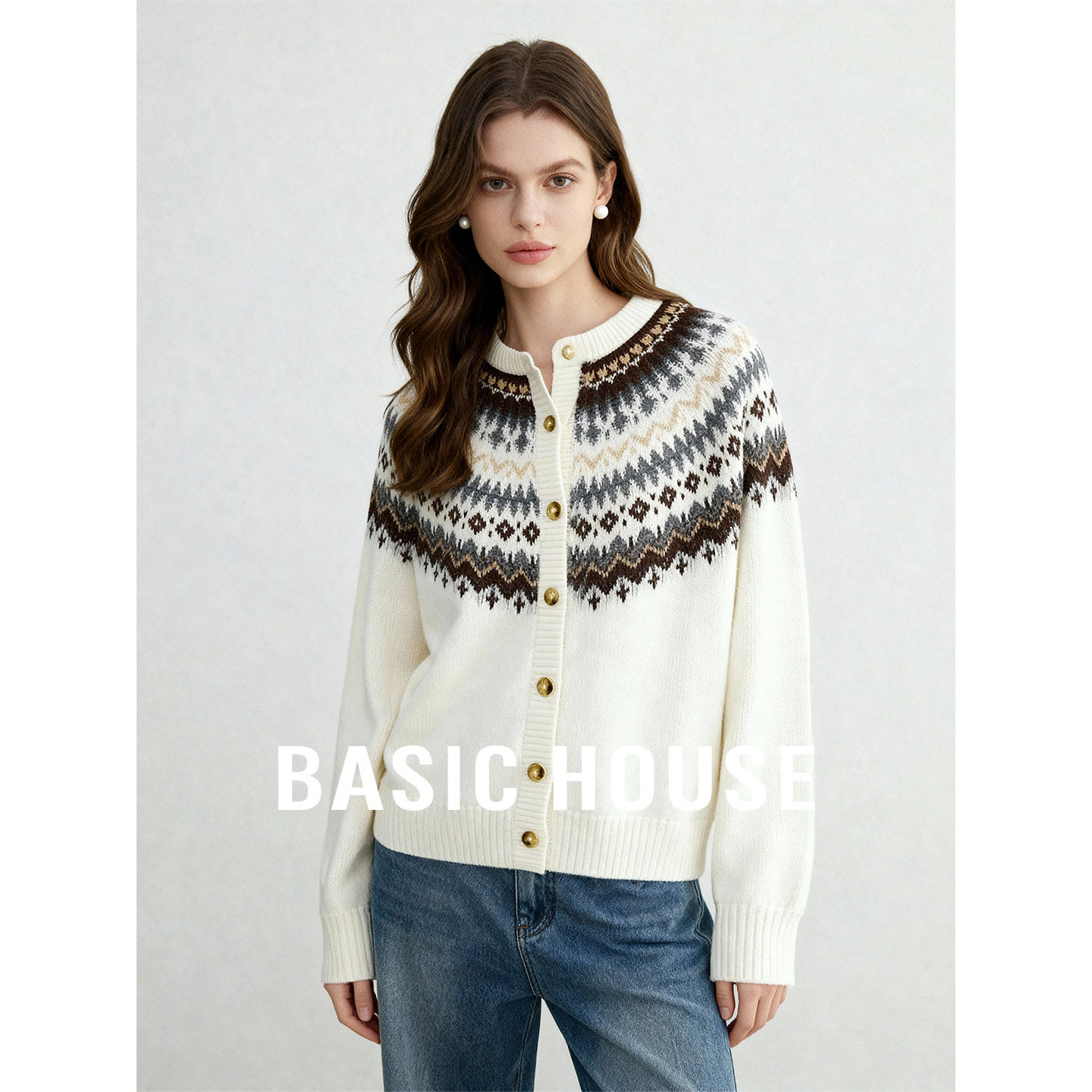 百家好白色圆领费尔岛提花毛衣开衫女26春季新款好看短款内搭上衣