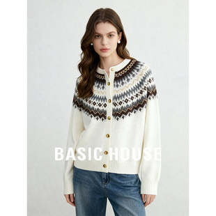 百家好白色圆领费尔岛提花毛衣开衫女26春季新款好看短款内搭上衣